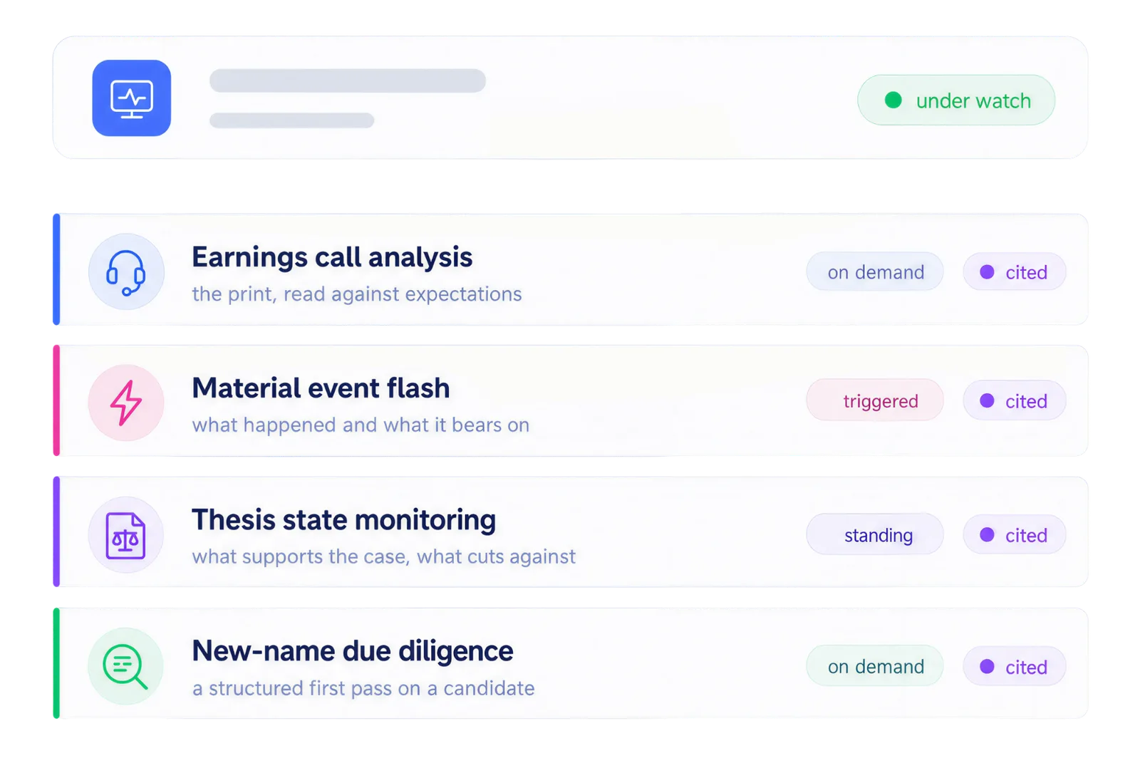 Single stock agents for earnings calls, material events, thesis monitoring, and due diligence